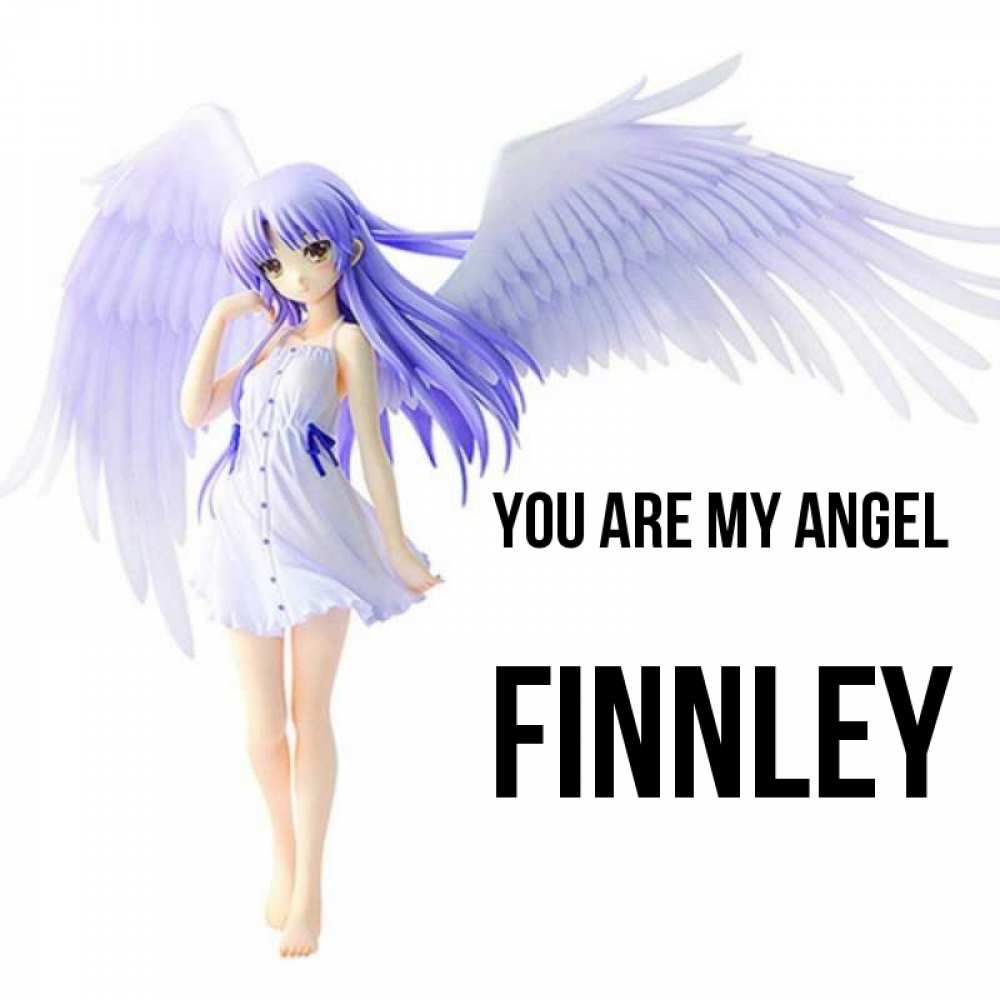 Greetings card с именем, Finnley You are my angel девушка ангел с фиолетовыми крыльями Greetings with text for free download 