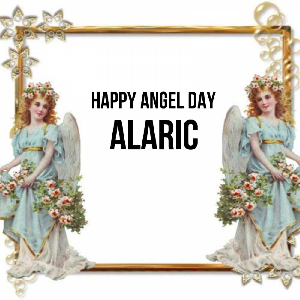 Greetings card с именем, Alaric happy angel day рамочка из золота и ангелы Greetings with text for free download 