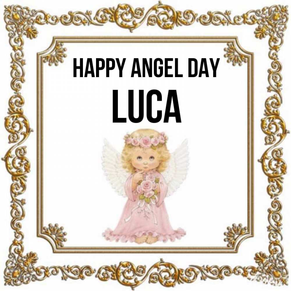 Greetings card с именем, Luca happy angel day девочка ангел с крыльями и цветами в розовом платье Greetings with text for free download 
