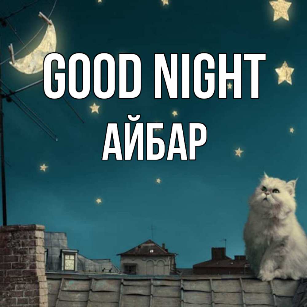 Greetings card с именем, Айбар Good night белый кот сидит на крыше Greetings with text for free download 