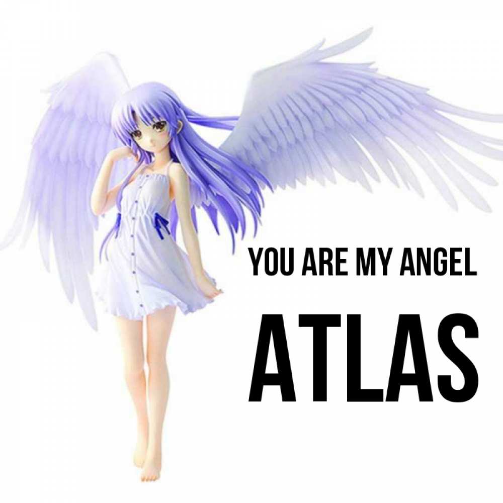 Greetings card с именем, Atlas You are my angel девушка ангел с фиолетовыми крыльями Greetings with text for free download 