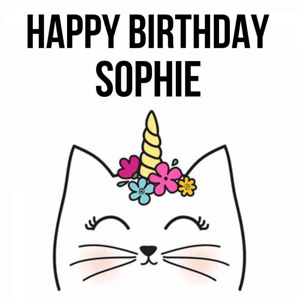 Greetings card с именем, Sophie Happy Birthday милый кот с одним рожком Greetings with text for free download 