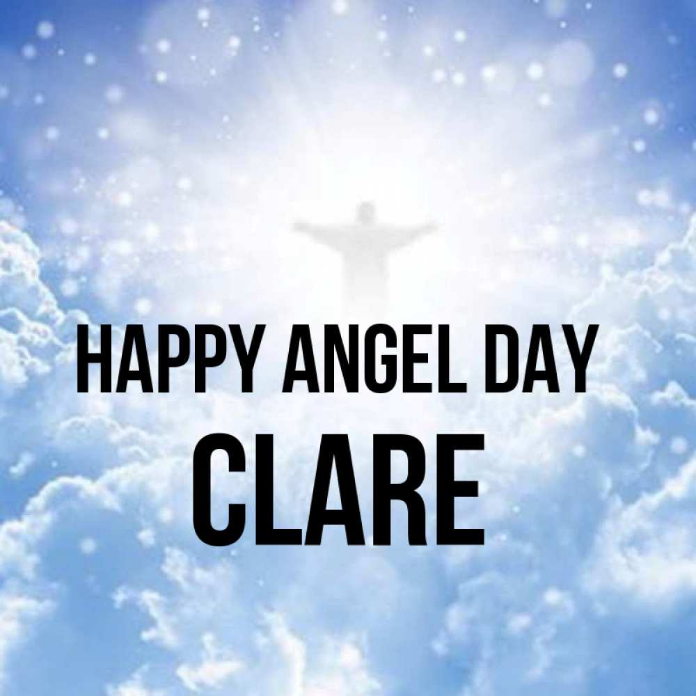 Greetings card с именем, Clare happy angel day ангел на облаках в свете солнца Greetings with text for free download 