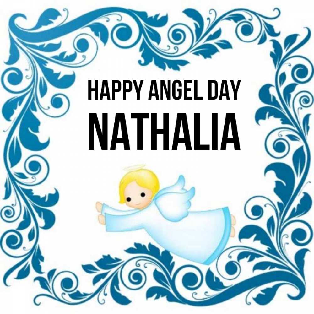 Greetings card с именем, Nathalia happy angel day девочка ангел и синяя рамка Greetings with text for free download 