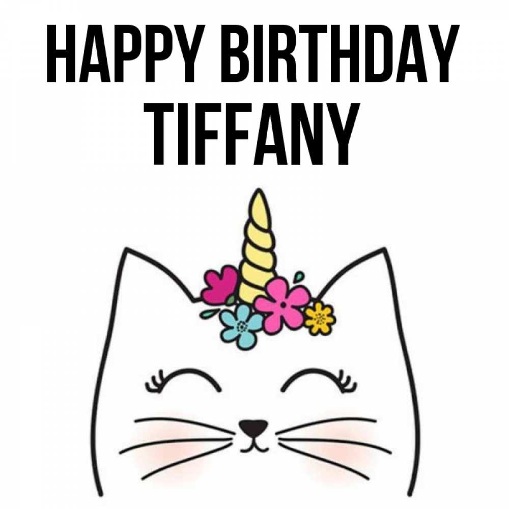 Greetings card с именем, Tiffany Happy Birthday милый кот с одним рожком Greetings with text for free download 