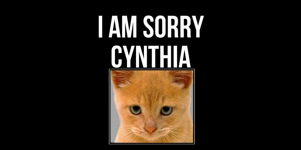 Greetings card с именем, Cynthia I am sorry рыжий грустный кот просит прощения Greetings with text for free download 