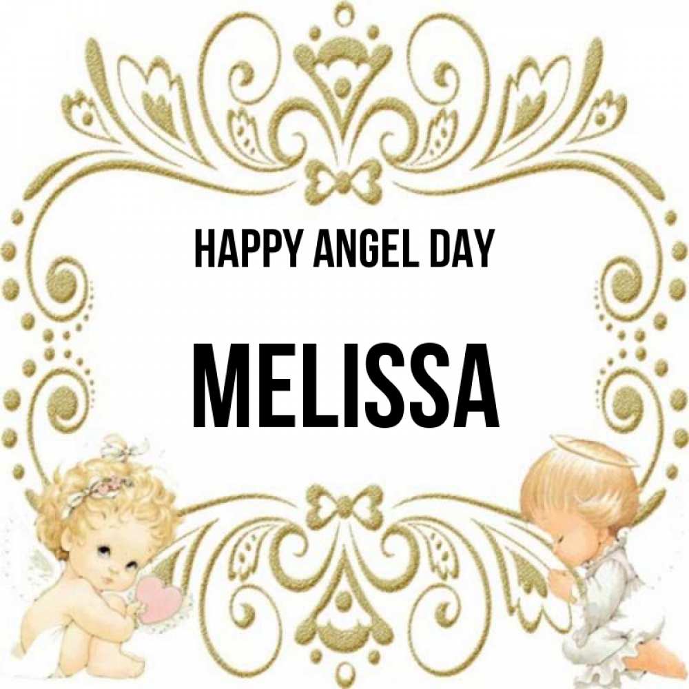 Greetings card с именем, Melissa happy angel day с именинами поздравляют два красивых ангела. Один с сердечком другой молится Greetings with text for free download 