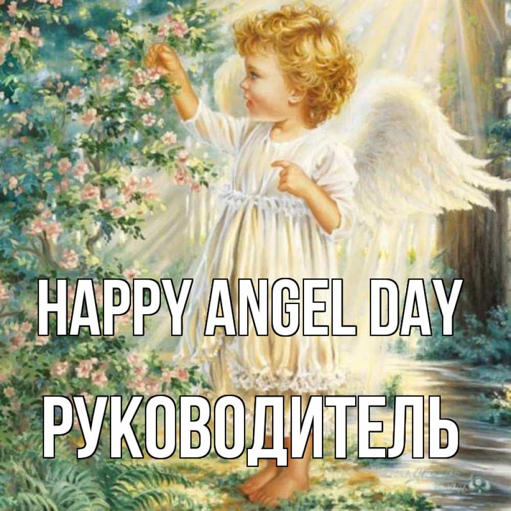 Greetings card с именем, Руководитель happy angel day собирает цветы Greetings with text for free download 