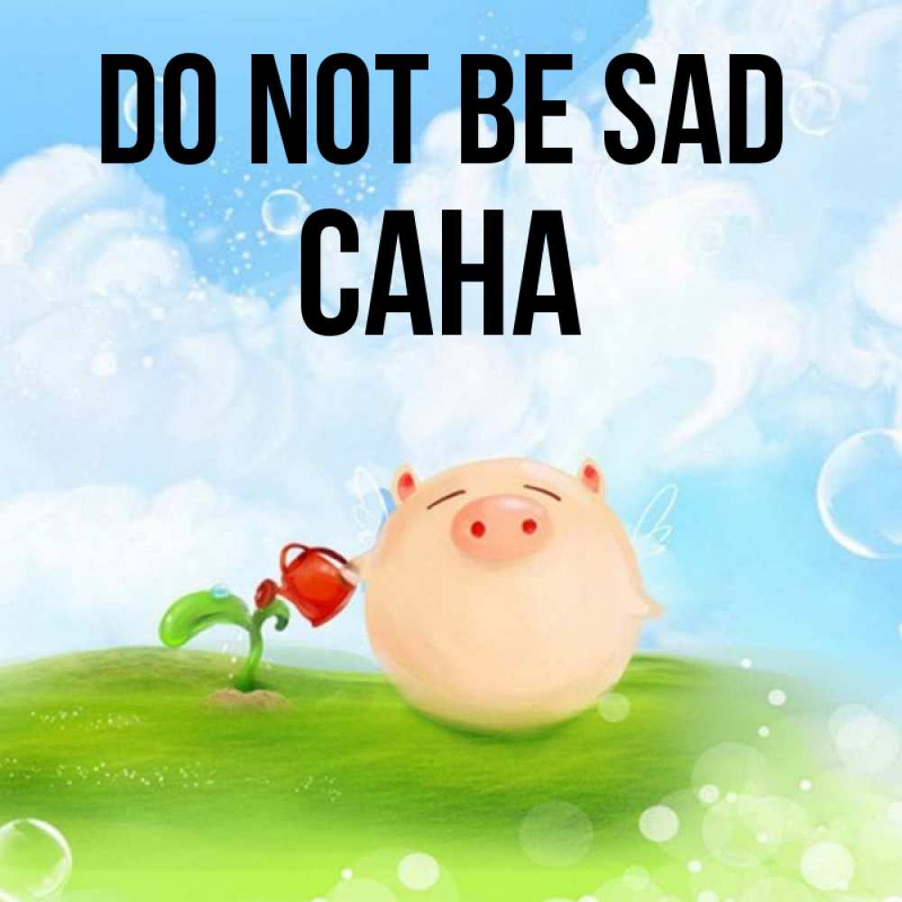 Greetings card с именем, САНА Do not be sad поливает цветок порося Greetings with text for free download 