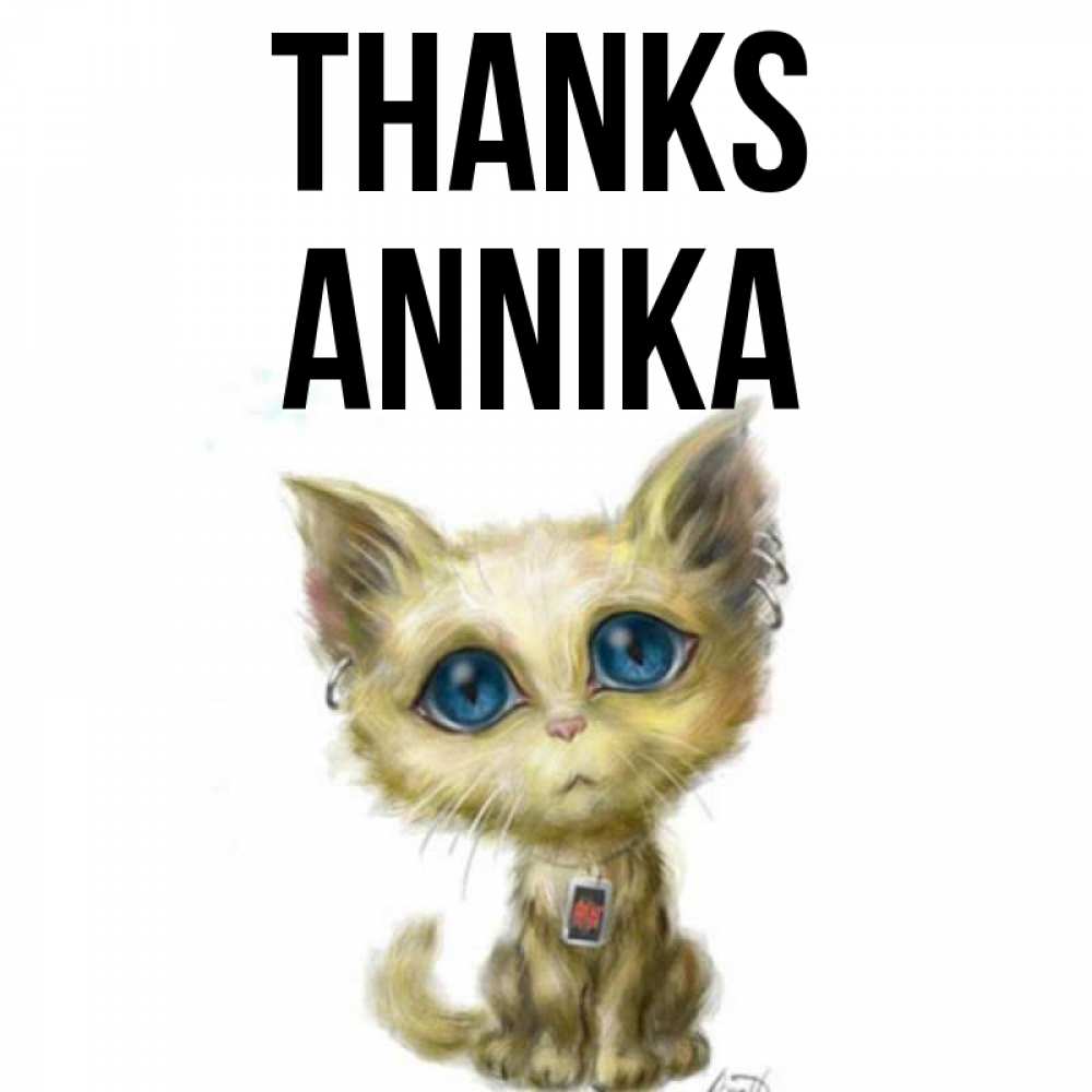 Greetings card с именем, Annika Thanks рисованный кот благодарит вас Greetings with text for free download 