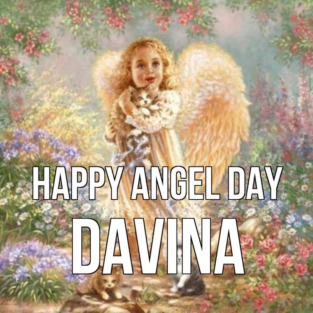 Greetings card с именем, Davina happy angel day держит котенка Greetings with text for free download 