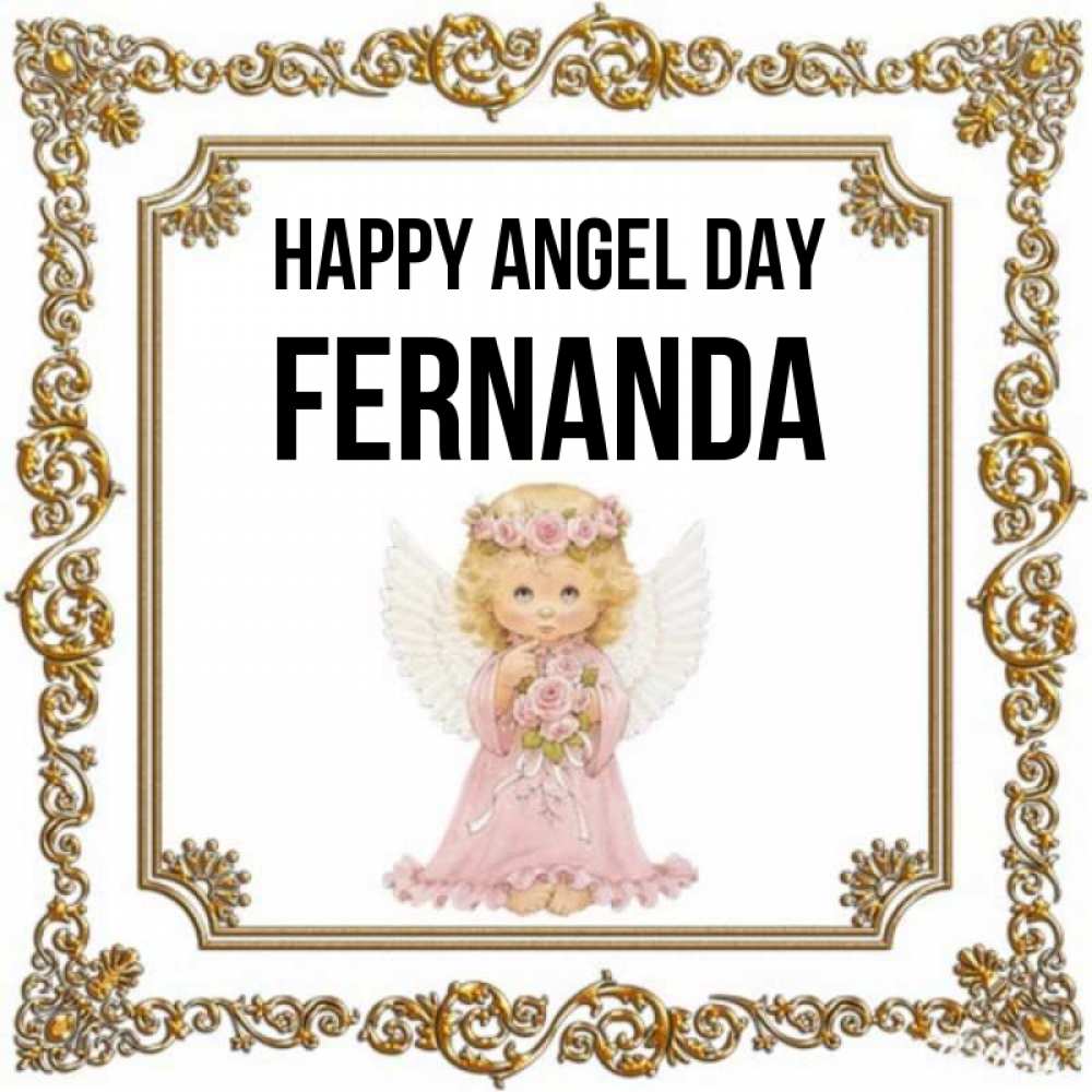 Greetings card с именем, Fernanda happy angel day девочка ангел с крыльями и цветами в розовом платье Greetings with text for free download 