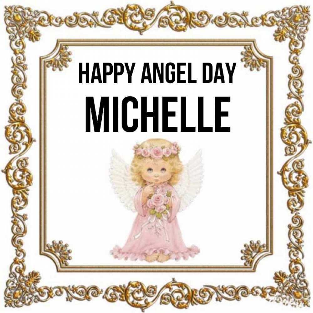 Greetings card с именем, Michelle happy angel day девочка ангел с крыльями и цветами в розовом платье Greetings with text for free download 