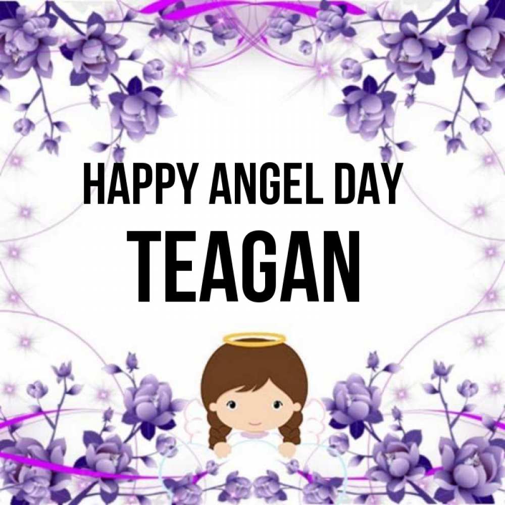 Greetings card с именем, Teagan happy angel day с именинами в рамочке Greetings with text for free download 