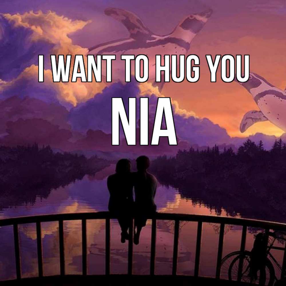 Greetings card с именем, Nia I want to hug you парочка сидит на мосте или на набережной Greetings with text for free download 