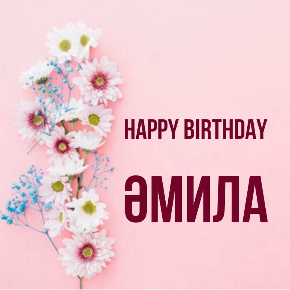 Greetings card с именем, ӘМИЛА Happy Birthday Родная моя с днем рождения тебя картинка с цветами белыми и голубыми Greetings with text for free download 