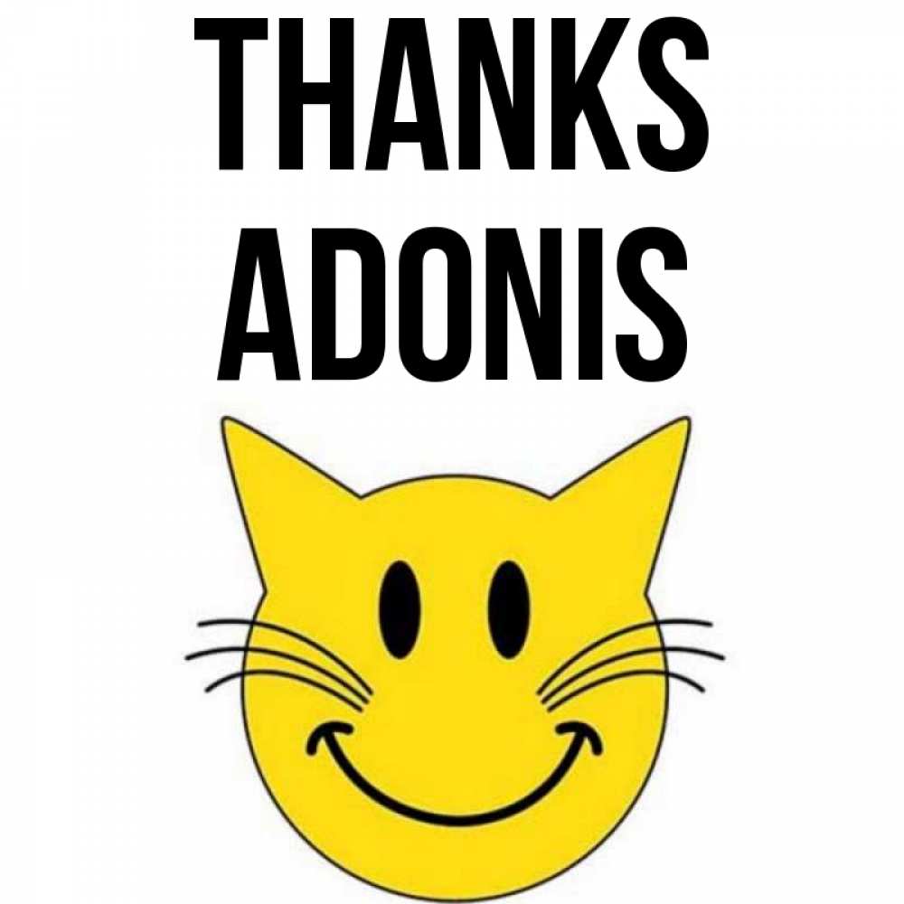 Greetings card с именем, Adonis Thanks улыбающийся смайл кот Greetings with text for free download 