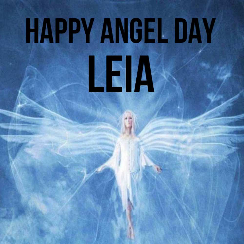 Greetings card с именем, Leia happy angel day голубой фон и крылья как у стрекозы Greetings with text for free download 