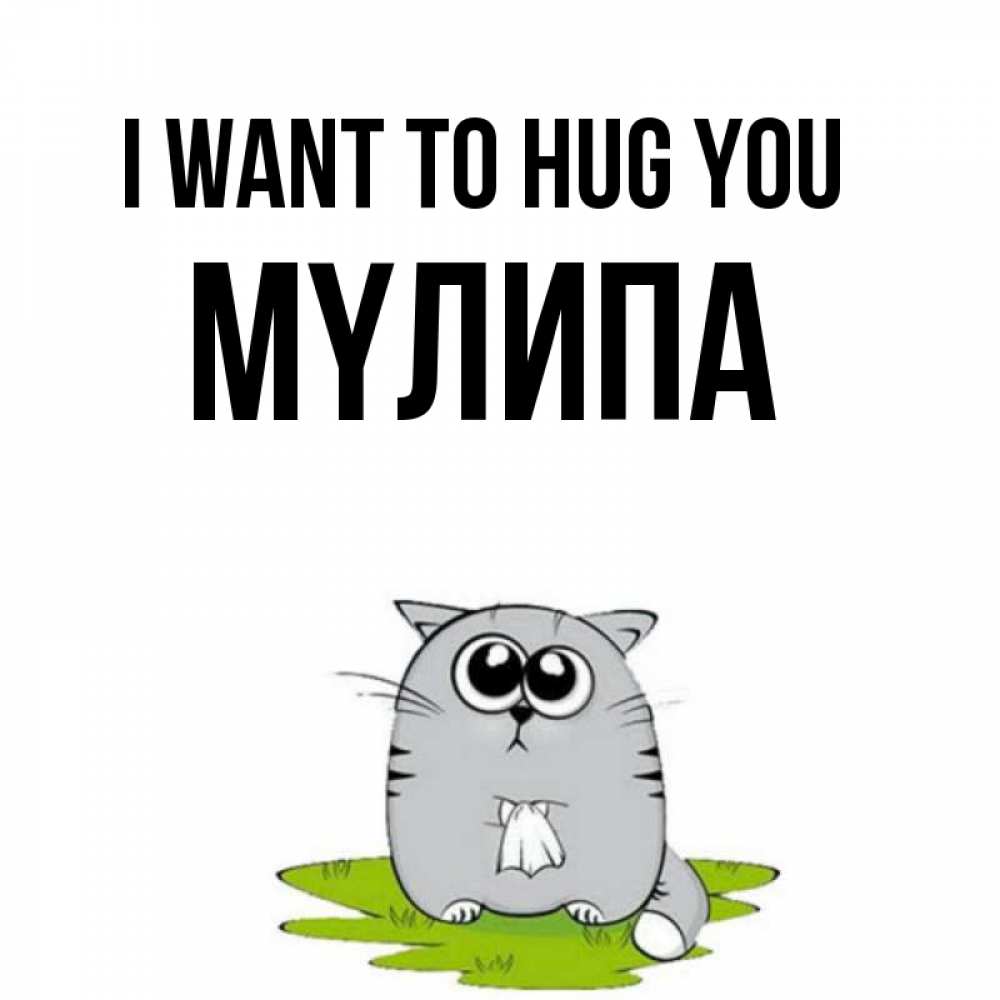 Greetings card с именем, МҮЛИПА I want to hug you котик теребит платочек сидя на травке Greetings with text for free download 