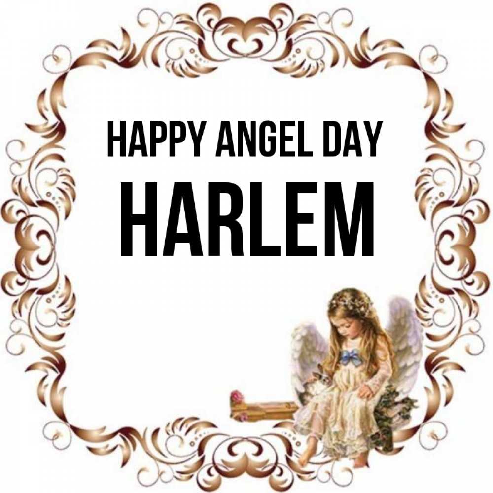 Greetings card с именем, Harlem happy angel day рамочка из перьев и ангелочек Greetings with text for free download 