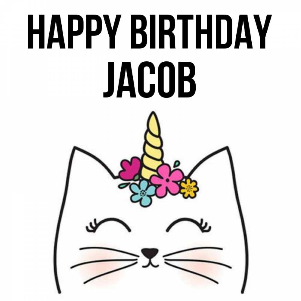Greetings card с именем, Jacob Happy Birthday милый кот с одним рожком Greetings with text for free download 