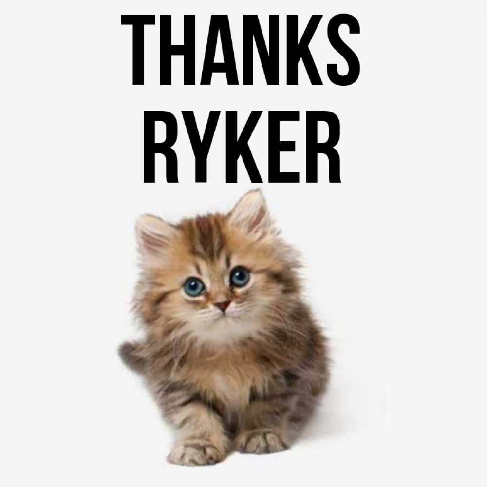 Greetings card с именем, Ryker Thanks пушистый котик Greetings with text for free download 