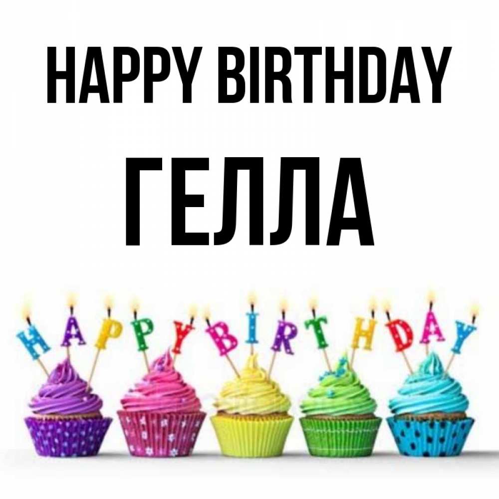 Greetings card с именем, Гелла Happy Birthday открытка ко дню рождения с разноцветными вкусняшками Greetings with text for free download 