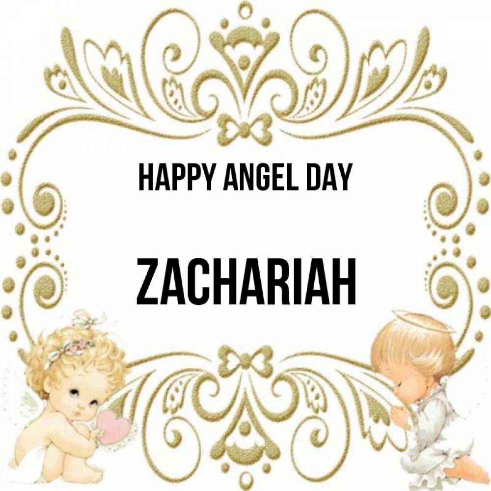 Greetings card с именем, Zachariah happy angel day с именинами поздравляют два красивых ангела. Один с сердечком другой молится Greetings with text for free download 