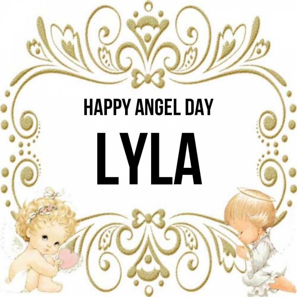 Greetings card с именем, Lyla happy angel day с именинами поздравляют два красивых ангела. Один с сердечком другой молится Greetings with text for free download 