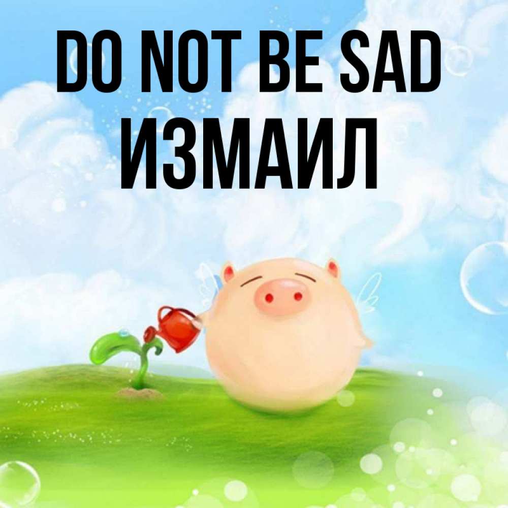Greetings card с именем, Измаил Do not be sad поливает цветок порося Greetings with text for free download 