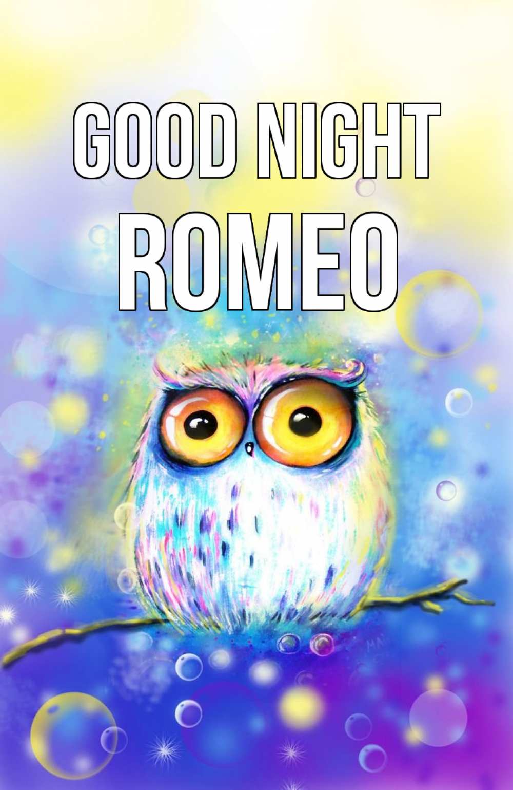 Greetings card с именем, Romeo Good night большие глаза Greetings with text for free download 