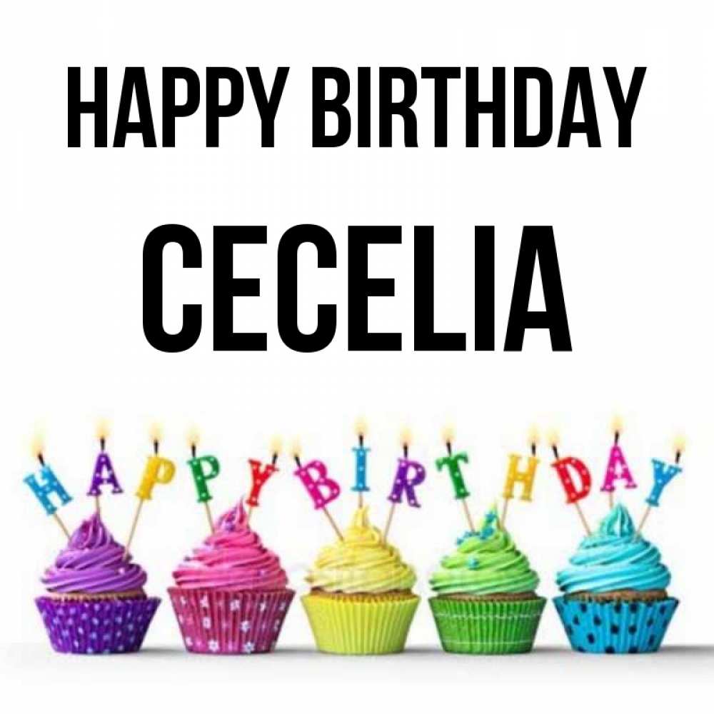 Greetings card с именем, Cecelia Happy Birthday открытка ко дню рождения с разноцветными вкусняшками Greetings with text for free download 