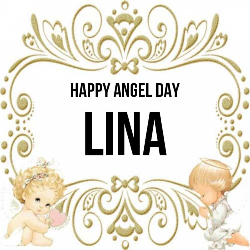 Greetings card с именем, Lina happy angel day с именинами поздравляют два красивых ангела. Один с сердечком другой молится Greetings with text for free download 