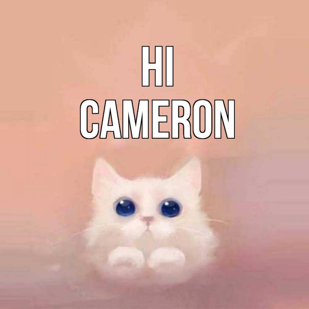 Greetings card с именем, Cameron Hi котик белый в полете Greetings with text for free download 