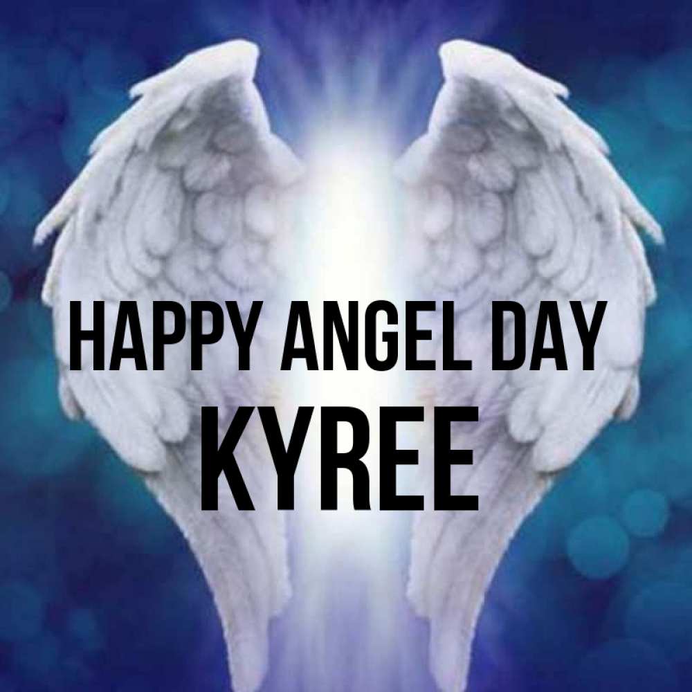 Greetings card с именем, Kyree happy angel day синий фон и крылышки Greetings with text for free download 