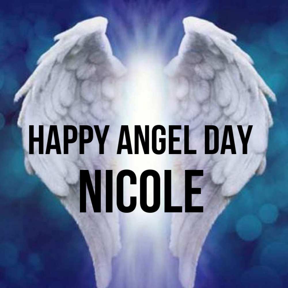 Greetings card с именем, Nicole happy angel day синий фон и крылышки Greetings with text for free download 