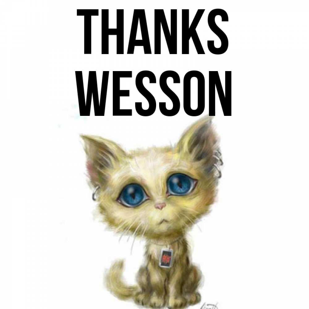 Greetings card с именем, Wesson Thanks рисованный кот благодарит вас Greetings with text for free download 