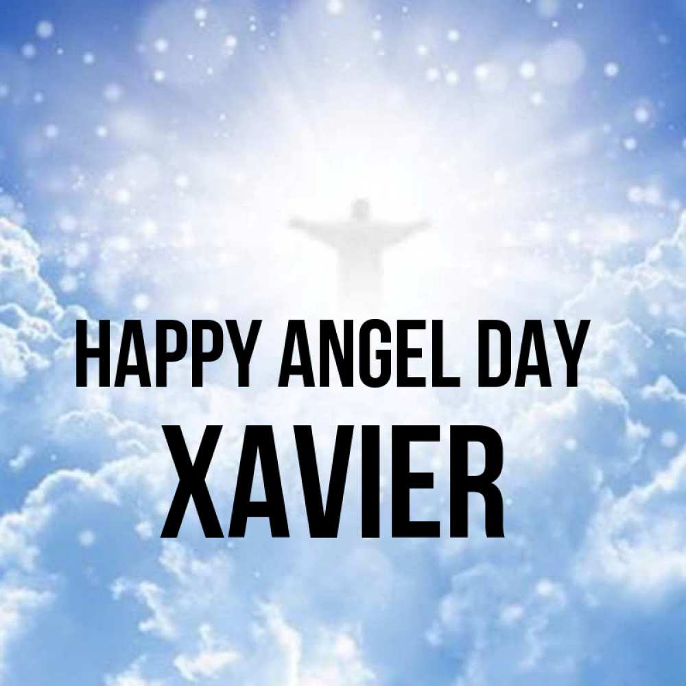 Greetings card с именем, Xavier happy angel day ангел на облаках в свете солнца Greetings with text for free download 