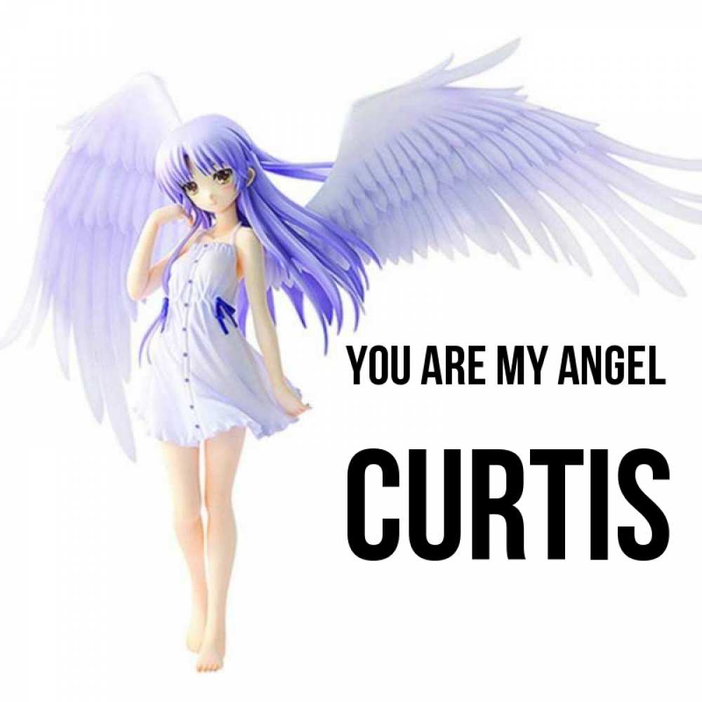 Greetings card с именем, Curtis You are my angel девушка ангел с фиолетовыми крыльями Greetings with text for free download 