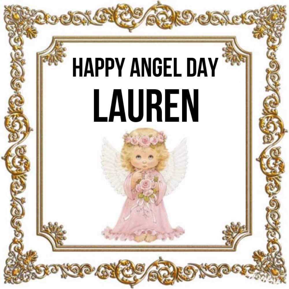Greetings card с именем, Lauren happy angel day девочка ангел с крыльями и цветами в розовом платье Greetings with text for free download 