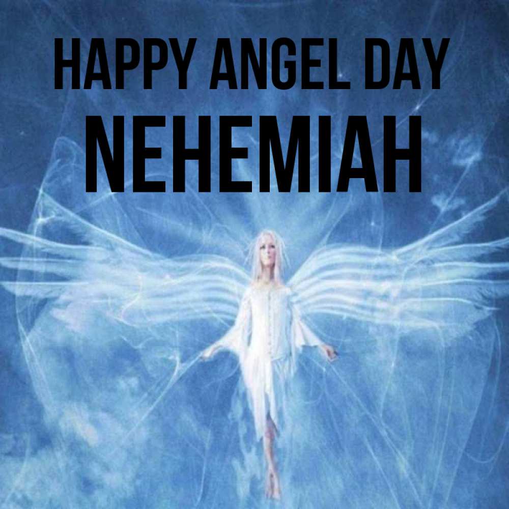 Greetings card с именем, Nehemiah happy angel day голубой фон и крылья как у стрекозы Greetings with text for free download 