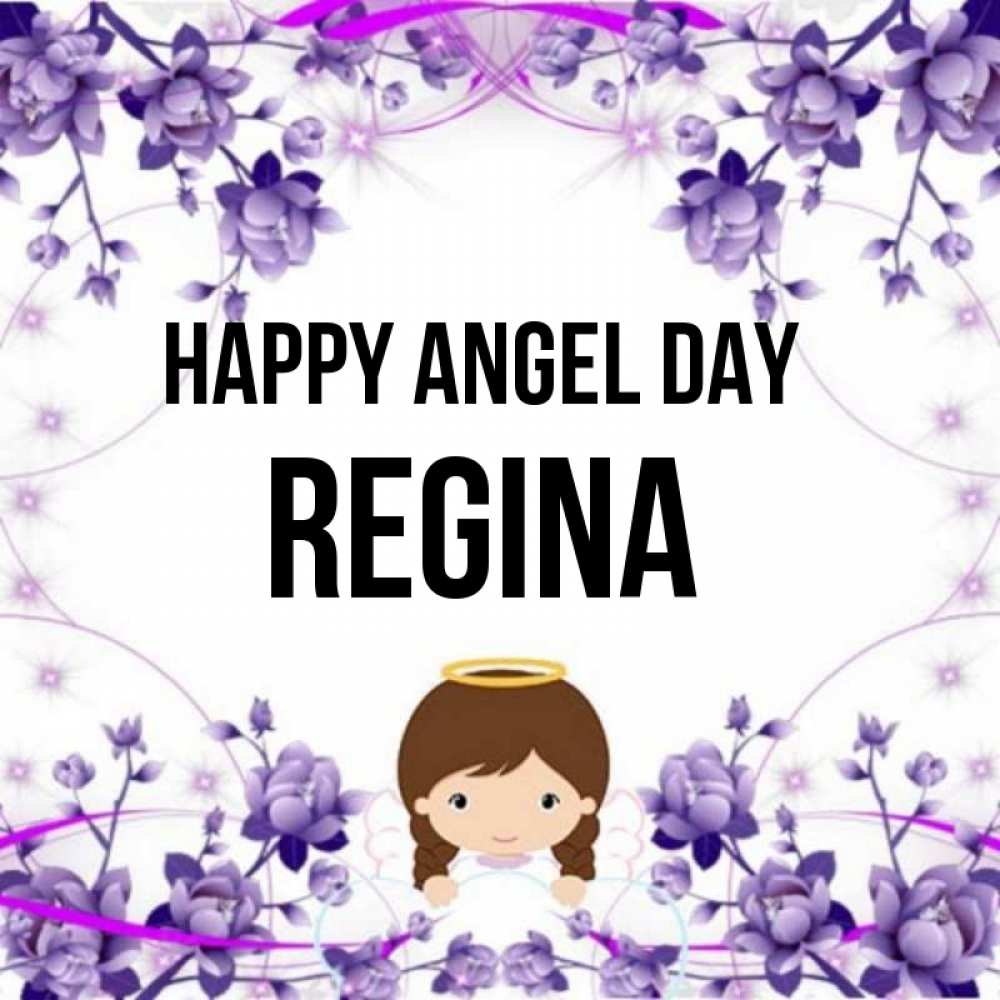 Greetings card с именем, Regina happy angel day с именинами в рамочке Greetings with text for free download 