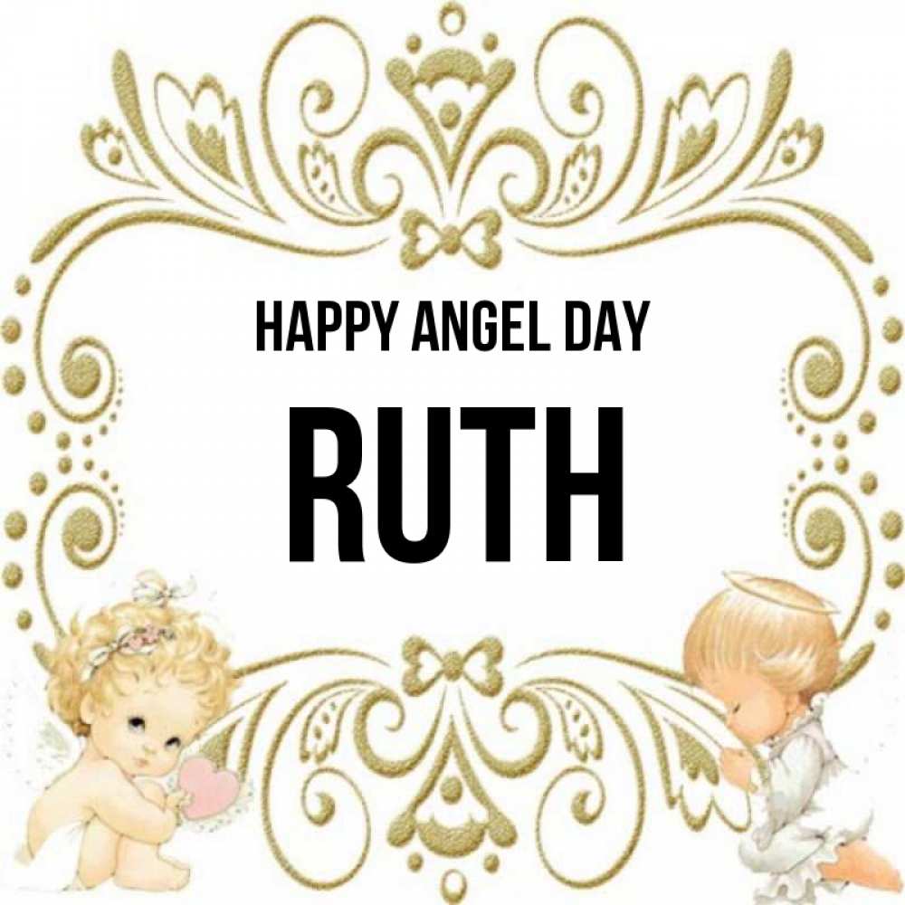 Greetings card с именем, Ruth happy angel day с именинами поздравляют два красивых ангела. Один с сердечком другой молится Greetings with text for free download 