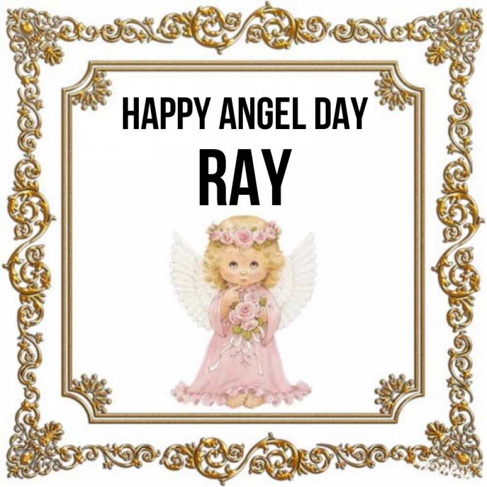 Greetings card с именем, Ray happy angel day девочка ангел с крыльями и цветами в розовом платье Greetings with text for free download 