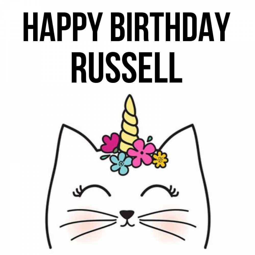 Greetings card с именем, Russell Happy Birthday милый кот с одним рожком Greetings with text for free download 