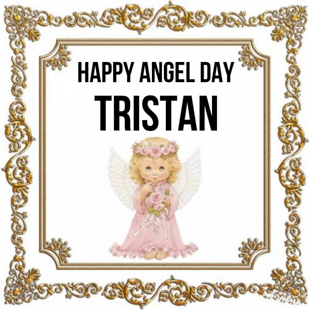 Greetings card с именем, Tristan happy angel day девочка ангел с крыльями и цветами в розовом платье Greetings with text for free download 