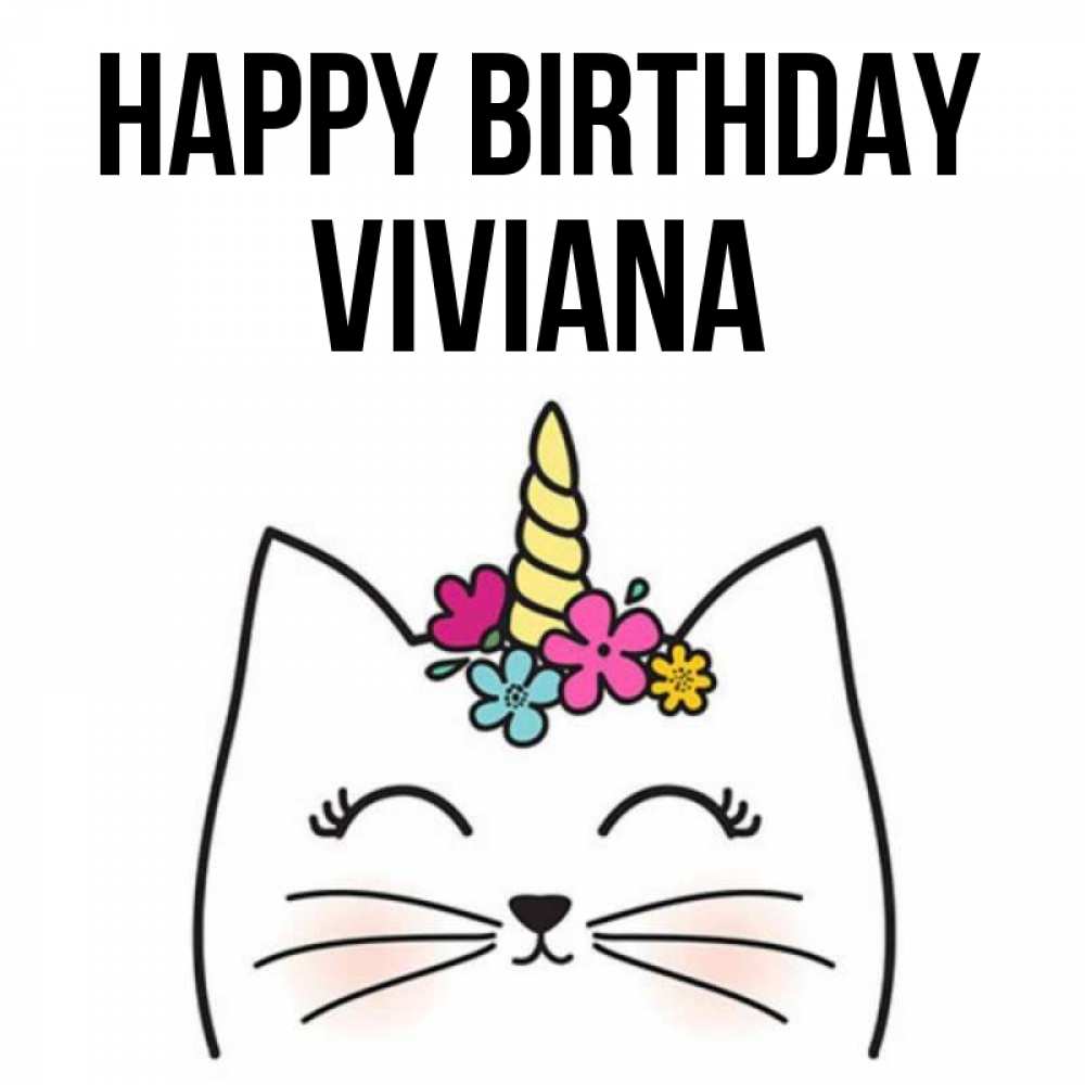 Greetings card с именем, Viviana Happy Birthday милый кот с одним рожком Greetings with text for free download 