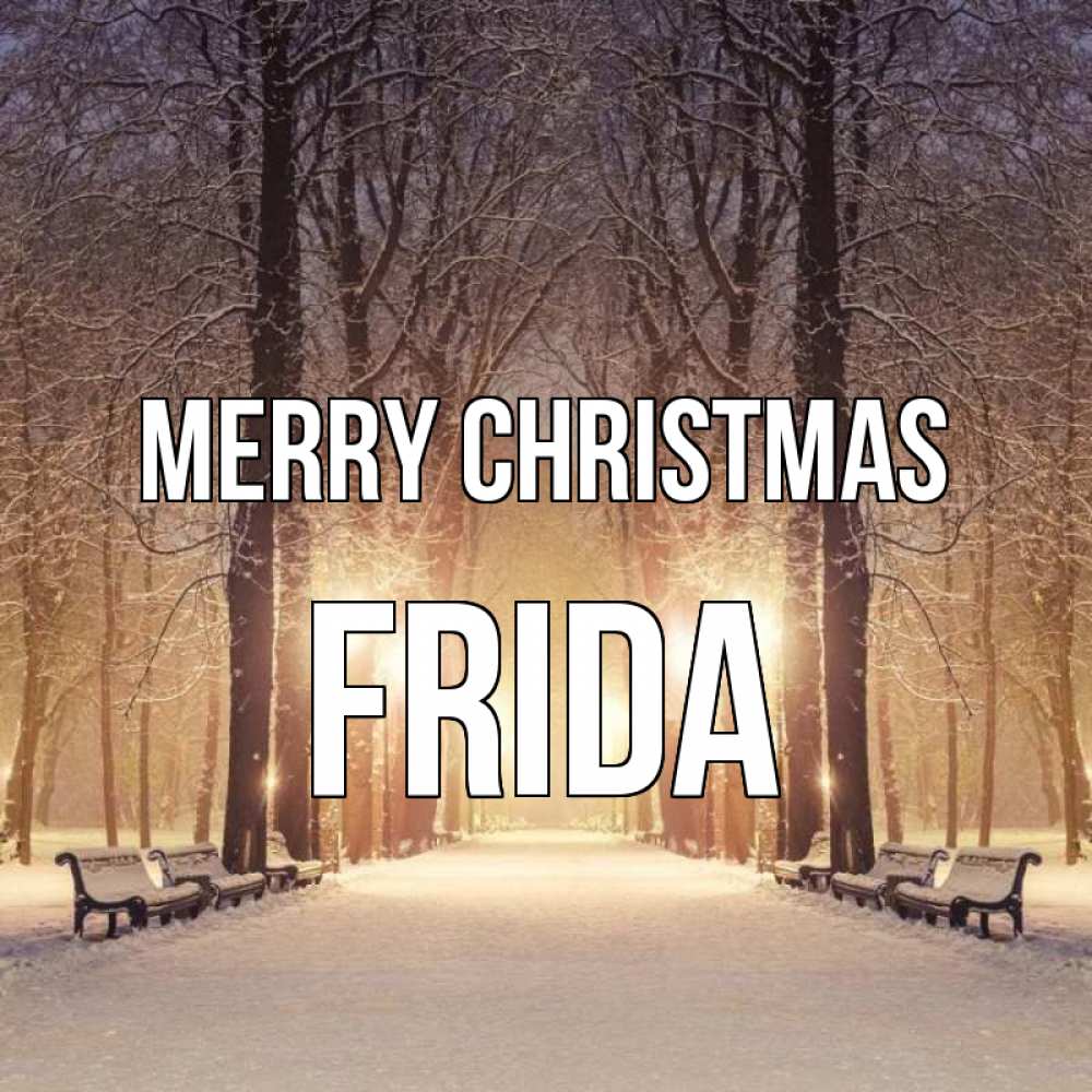 Greetings card с именем, Frida Merry Christmas зима, парк, фонарь, лес Greetings with text for free download 