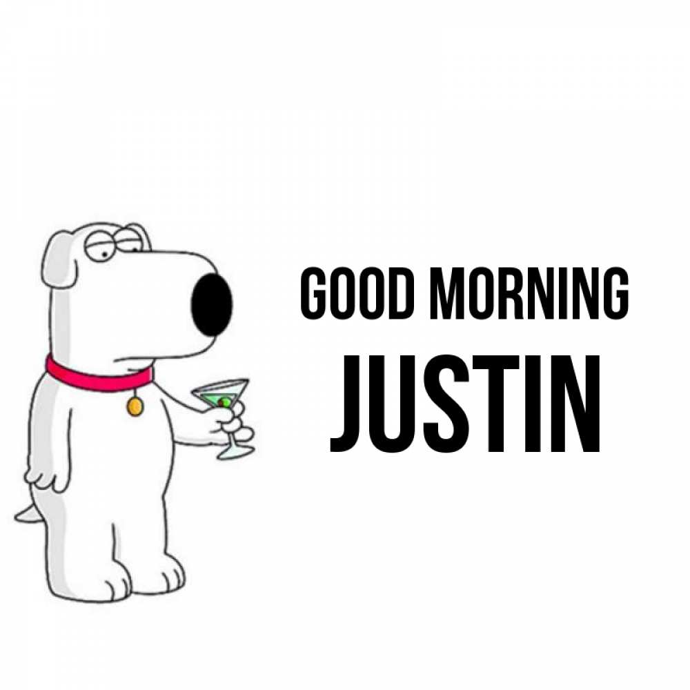 Greetings card с именем, Justin Good morning герои мультфильмов белый пес Greetings with text for free download 