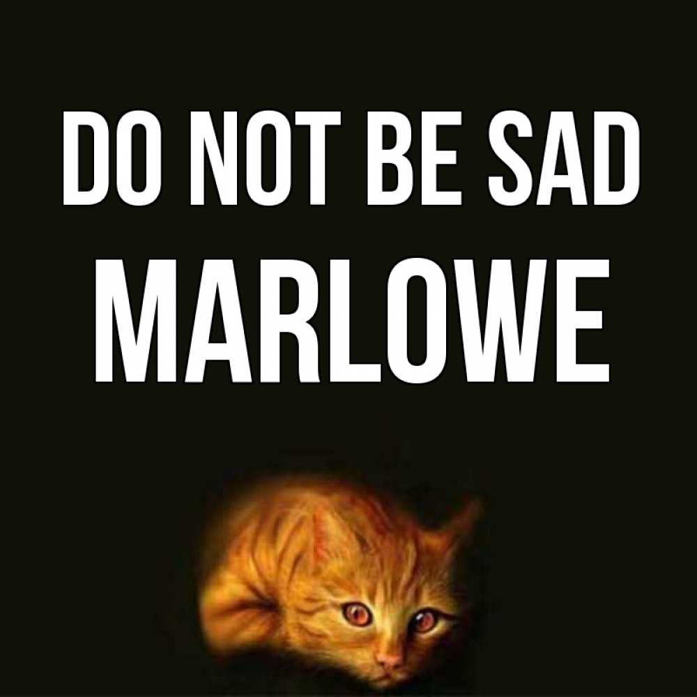 Greetings card с именем, Marlowe Do not be sad лежащий кот в темноте Greetings with text for free download 